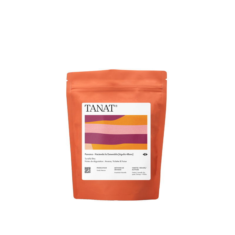 TANAT Panama - Hacienda la Esmeralda [Aguila 4Banc]
Filter Roasted
Tasting Notes: Pineapple, Violet & Strawberry
PRODUCER Peterson Family
DRYING METHOD
Anaerobic Natural 
Giesha