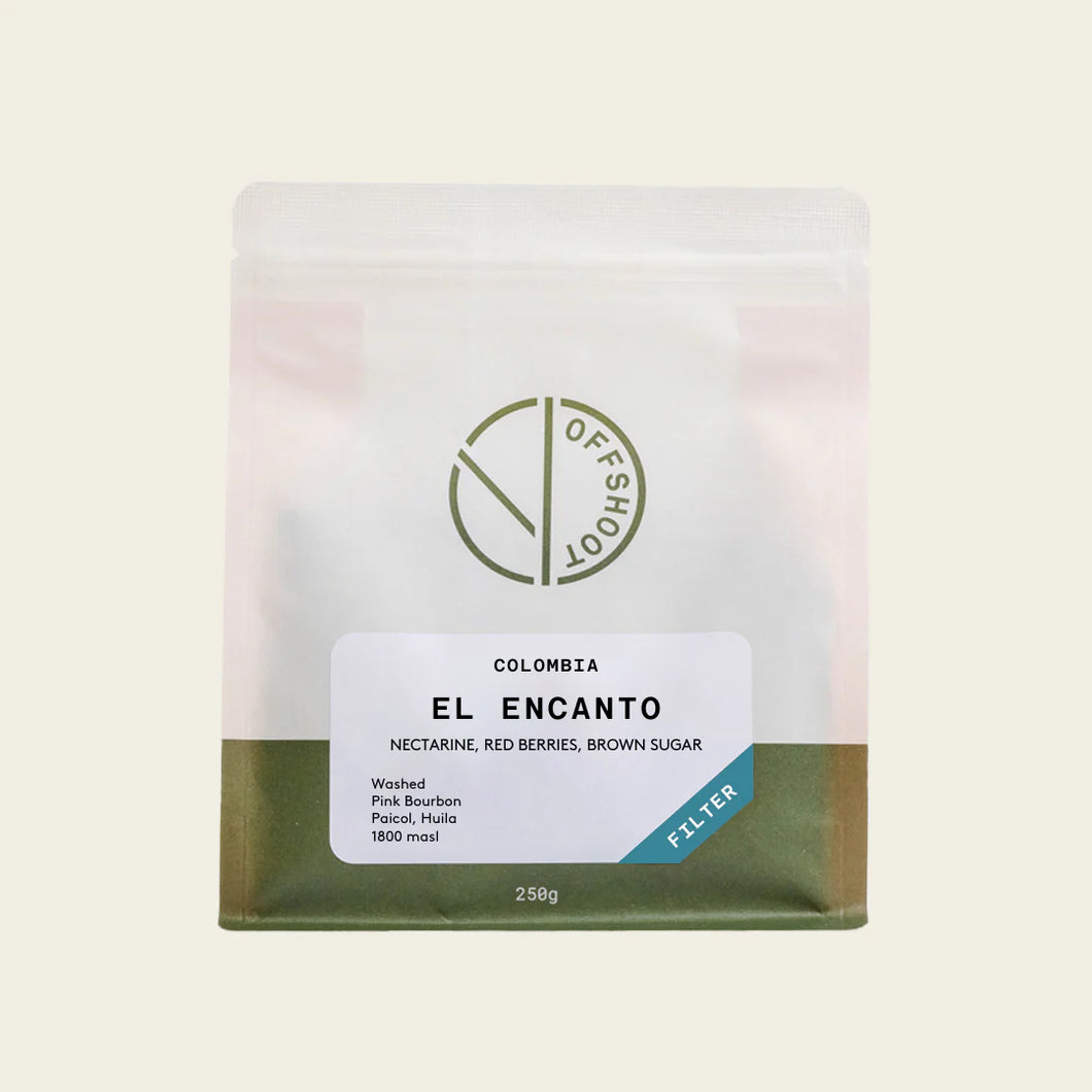 Offshoot COLOMBIA
EL ENCANTO
NECTARINE, RED BERRIES, BROWN SUGAR
Washed
Pink Bourbon Paicol, Huila 1800 masl