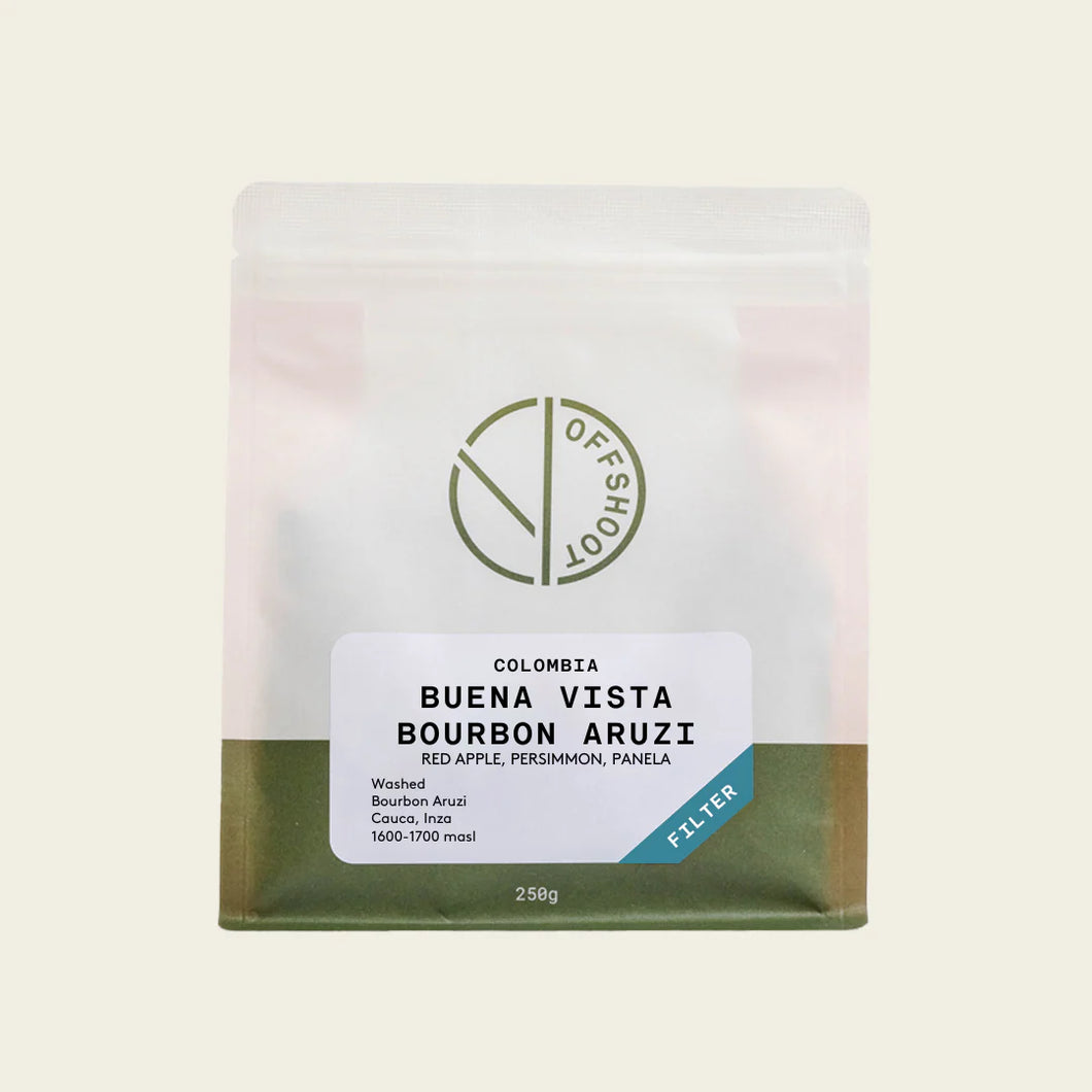 Offshoot COLOMBIA
BUENA VISTA
BOURBON ARUZI
RED APPLE, PERSIMMON, PANELA
Washed
Bourbon Aruzi
Cauca, Inza
1600-1700 masl