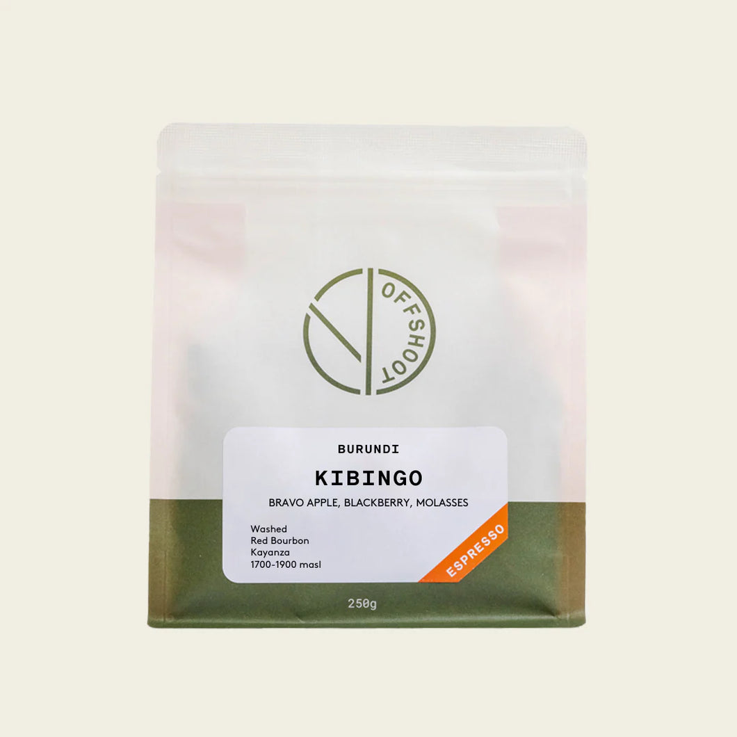 Offshoot (espresso) BURUNDI
KIBINGO
BRAVO APPLE, BLACKBERRY, MOLASSES
Washed
Red Bourbon
Kayanza
1700-1900 masl