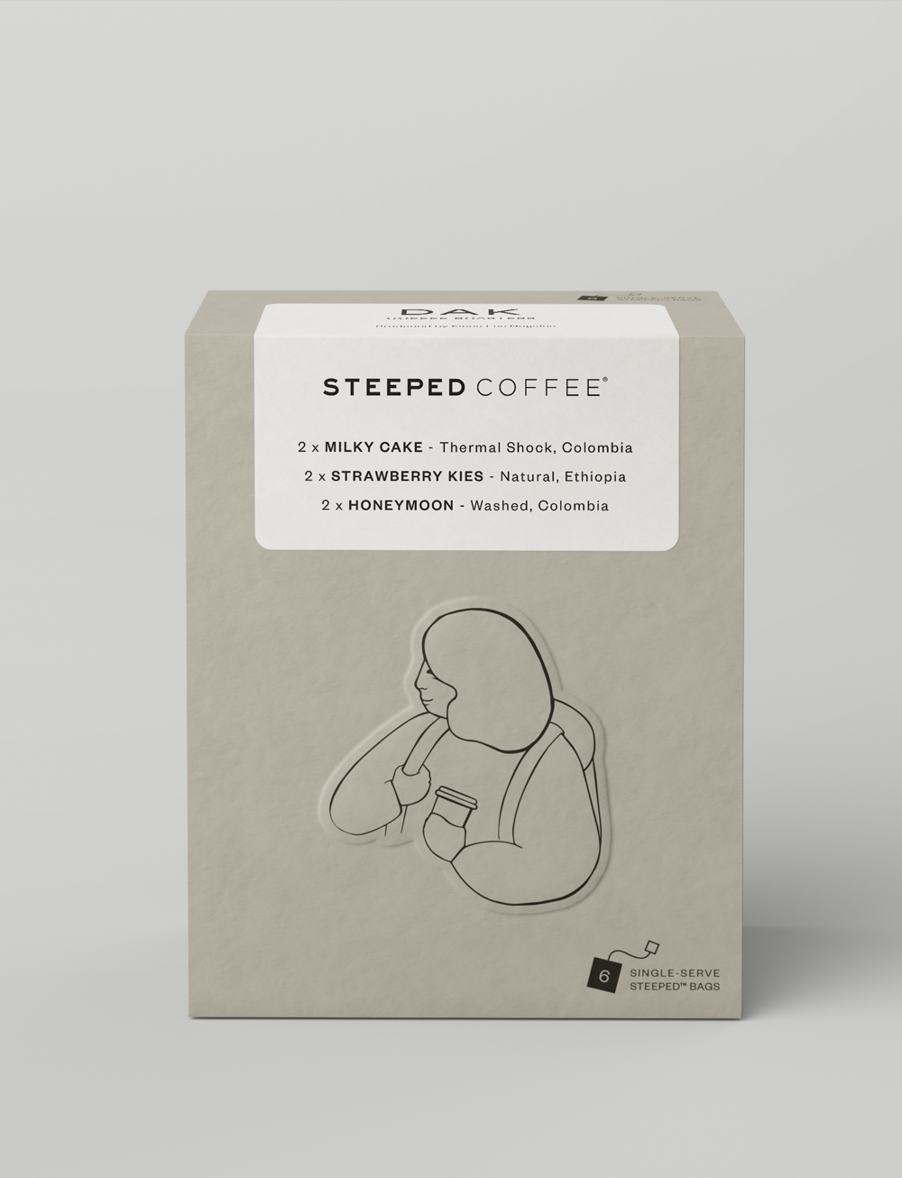 Dak Coffee Bags STEEPED COFFEE® 
2 x MILKY CAKE - Thermal Shock, Colombia
2 x STRAWBERRY KIES - Natural, Ethiopia
2 x HONEYMOON - Washed, Colombia