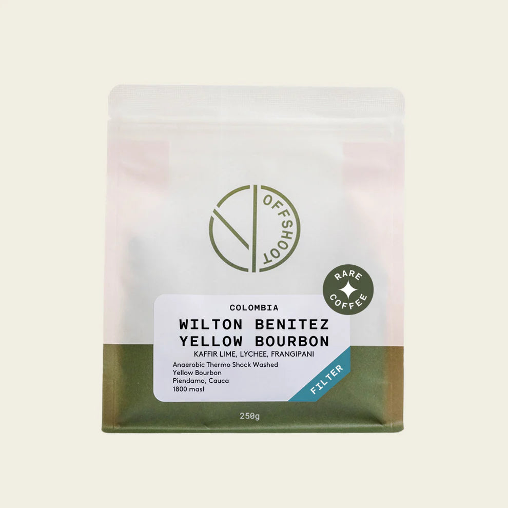 Offshoot COLOMBIA
WILTON BENITEZ YELLOW BOURBON KAFFIR LIME, LYCHEE, FRANGIPANI
Anderobic Thermo Shock Washed
Yellow Bourbon Piendamo, Cauca
1800 MASL