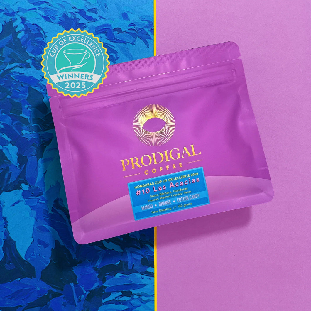 PRODIGAL
COFFEE
HONDURAS CUP OF EXCELLENCE 2025
#10 Las Acacias
Santa Bárbara, Honduras Process. Washed | Vanety: Pacas
MANGO • ORANGE • COTTON CANDY