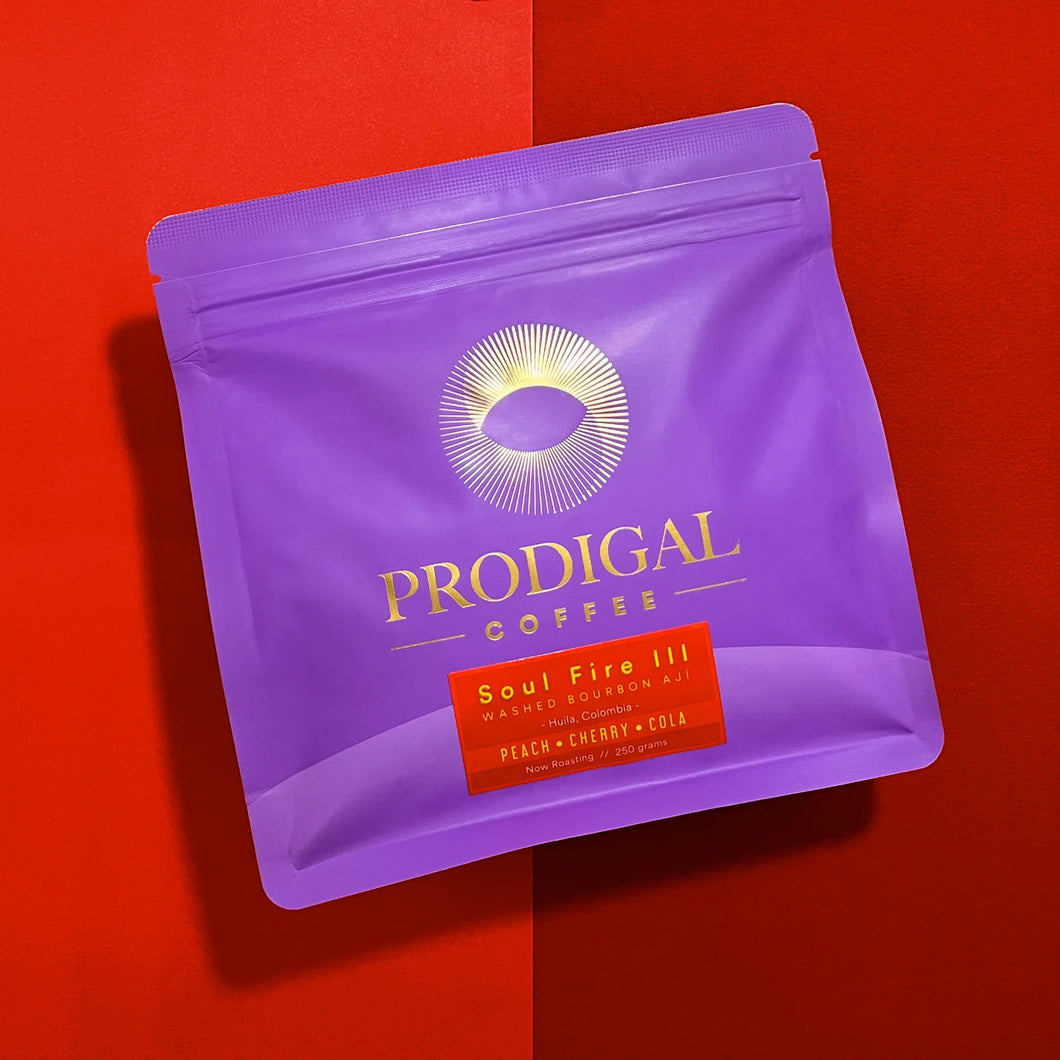 PRODIGAL
Soul Fire III
WASHED BOURBON AJI
- Huila, Colombia -
PEACH • CHERRY • COLA