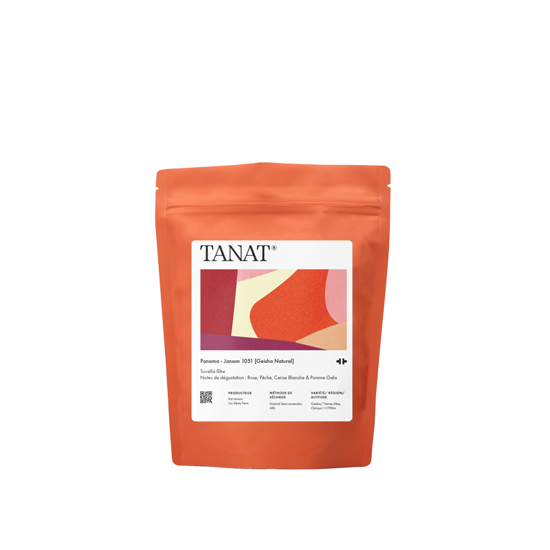 TANAT Panama - Janson 1051 Geisha Natural
Filter Roasted
Tasting Notes: Rose, Peach, White Cherry & Gol Apple
PRODUCER Kai Janson
Los Alpes Farm
DRYING METHOD
Natural Serni anaerobic 48h
Geisha