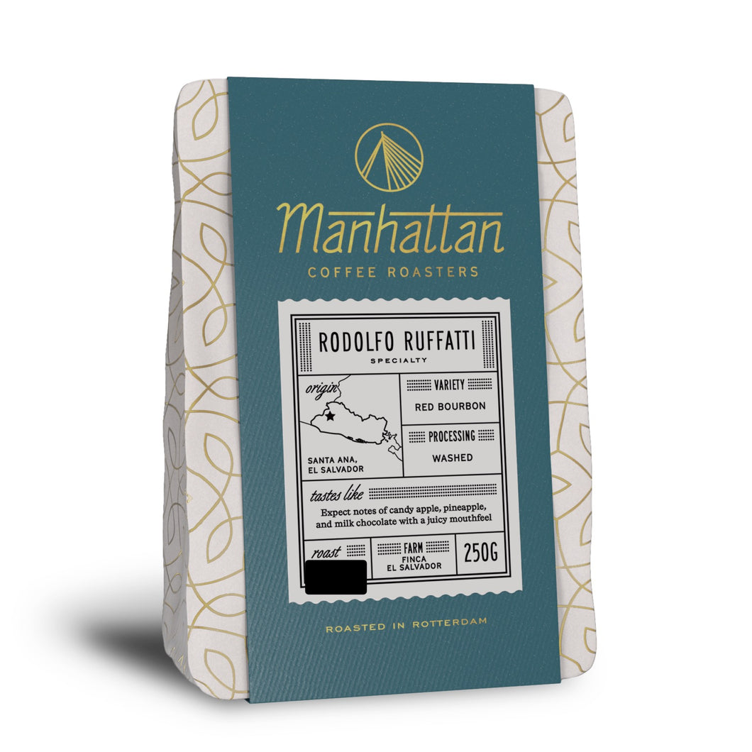 Manhattan (espresso) RODOLFO RUFFATTI
RED BOURBON
WASHED
SANTA ANA, EL SALVADOR tastes like
Expect notes of candy apple, pineapple, and milk chocolate with a juicy mouthfeel
