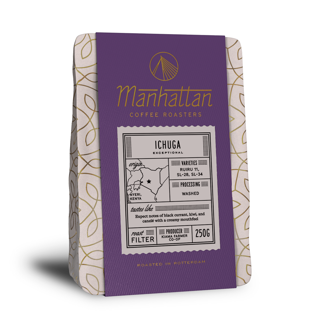 Manhattan ICHUGA
VARIETIES RUIRU 11, SL-28, SL-34 WASHED KENYAN
tastes like
Expect notes of black currant, kiwi, and canelé with a creamy mouthfeel
KIAMA FARMER