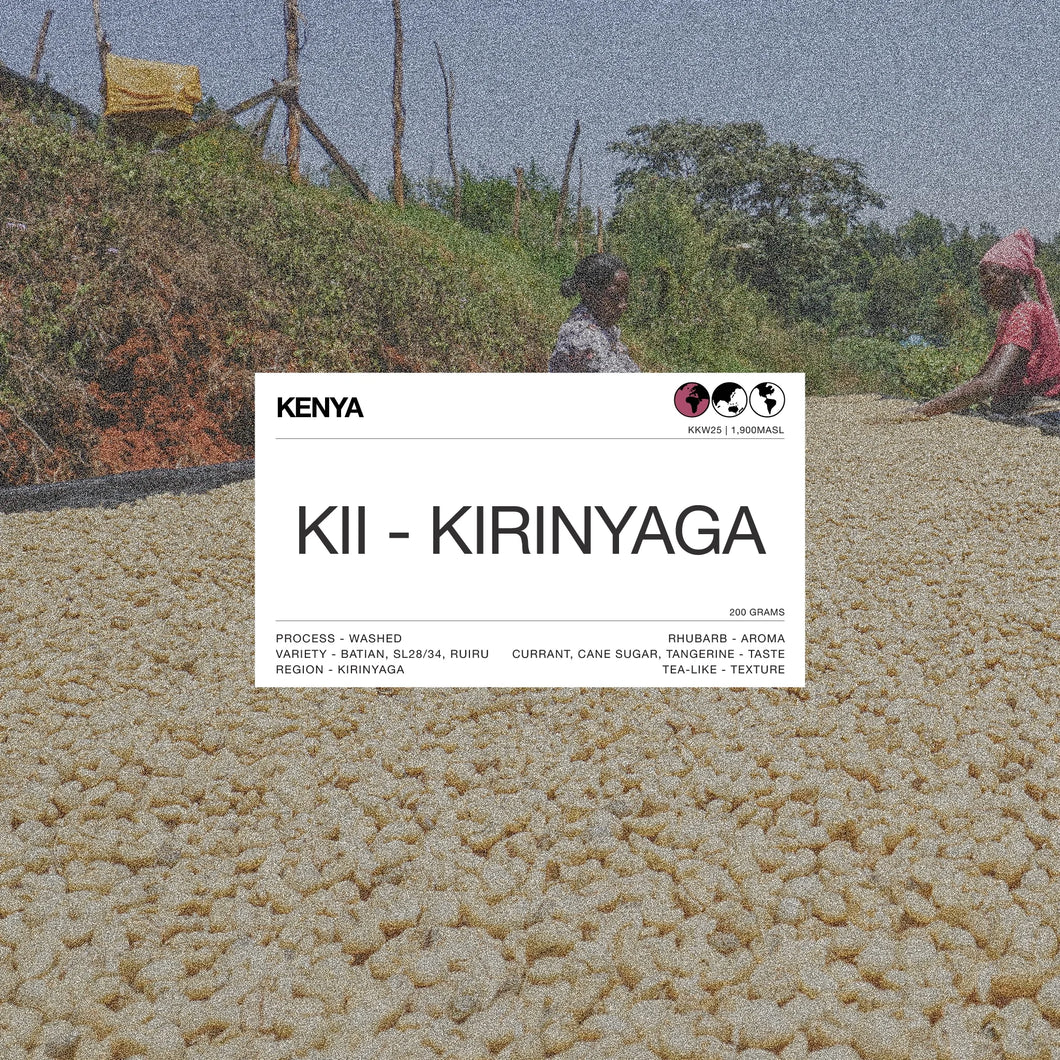 Path KENYA
KII - KIRINYAGA
PROCESS - WASHED
RHUBARB - AROMA
VARIETY - BATIAN, SL28/34, RUIRU CURRANT, CANE SUGAR, TANGERINE - TASTE
REGION - KIRINYAGA
TEA-LIKE - TEXTURE